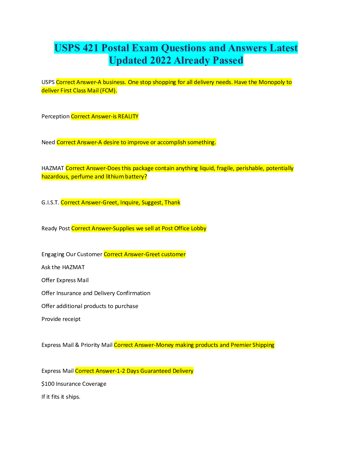 Preview of USPS 421 Postal Exam Questions and Answers Latest Updated 2022 Already Passed